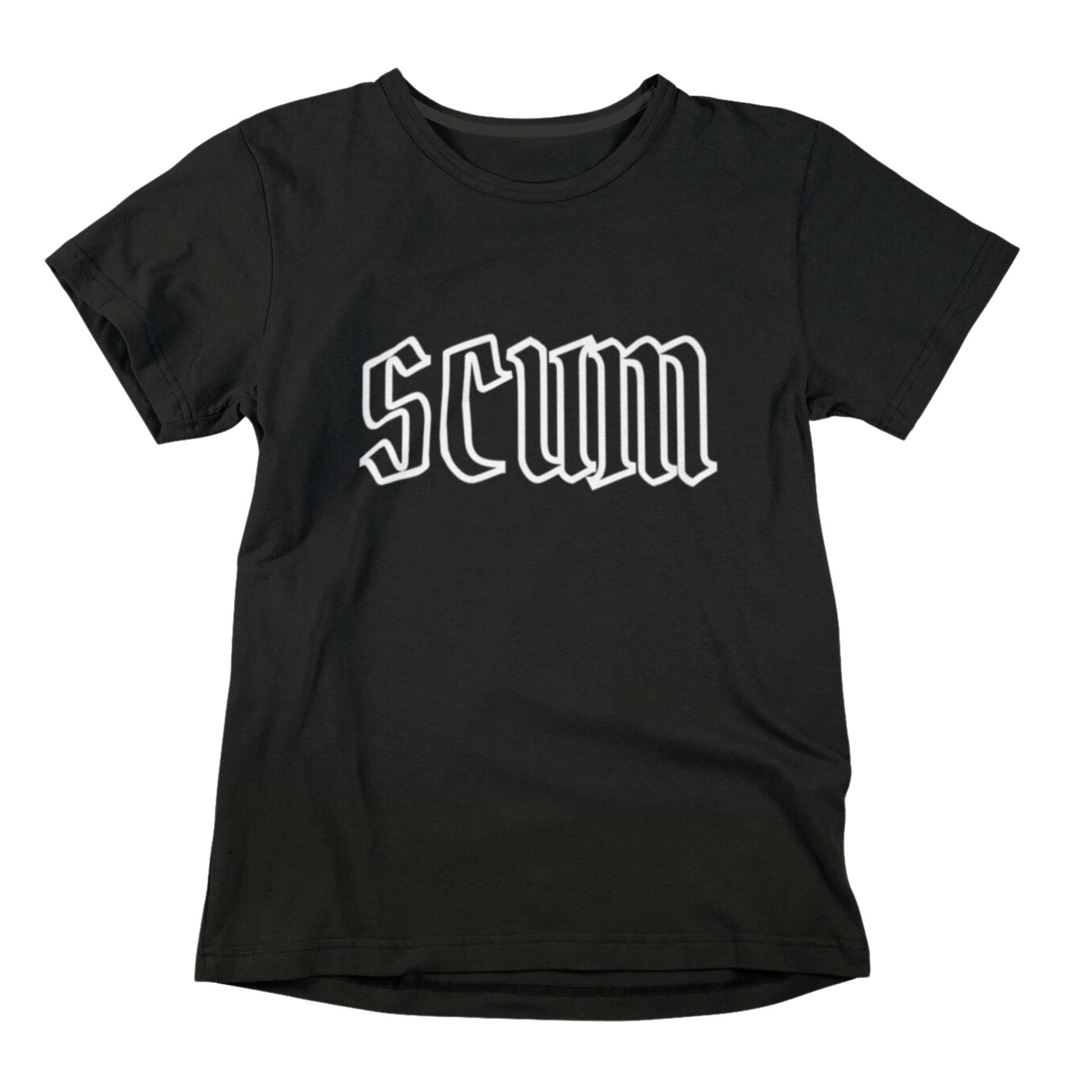 a black shirt with the word scum printed on it