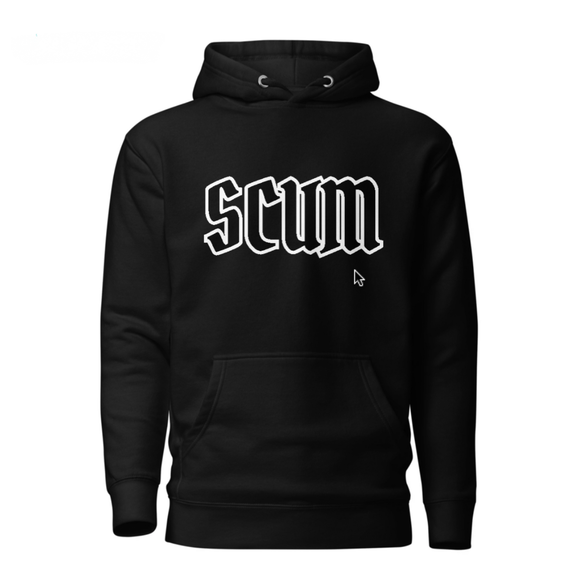 a black hoodie with the word scum printed on it