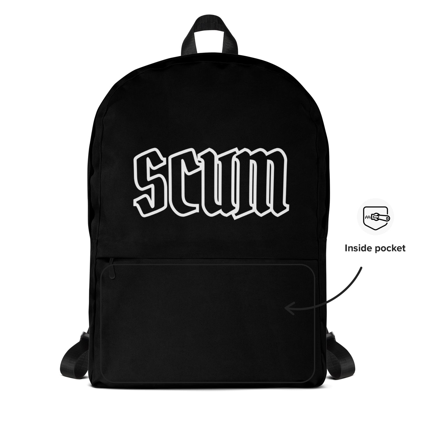 a black backpack with the word scum printed on it