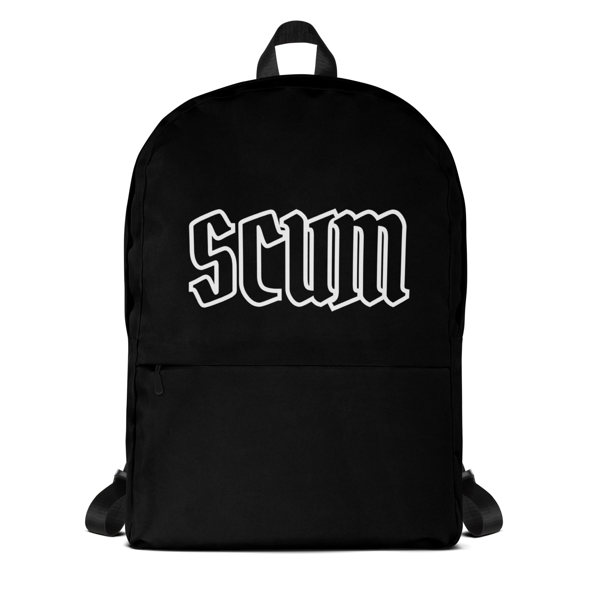 a black backpack with the word scum printed on it