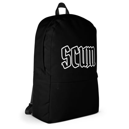 a black backpack with the word scum printed on it