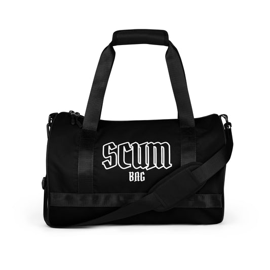 a black bag with the word scum on it