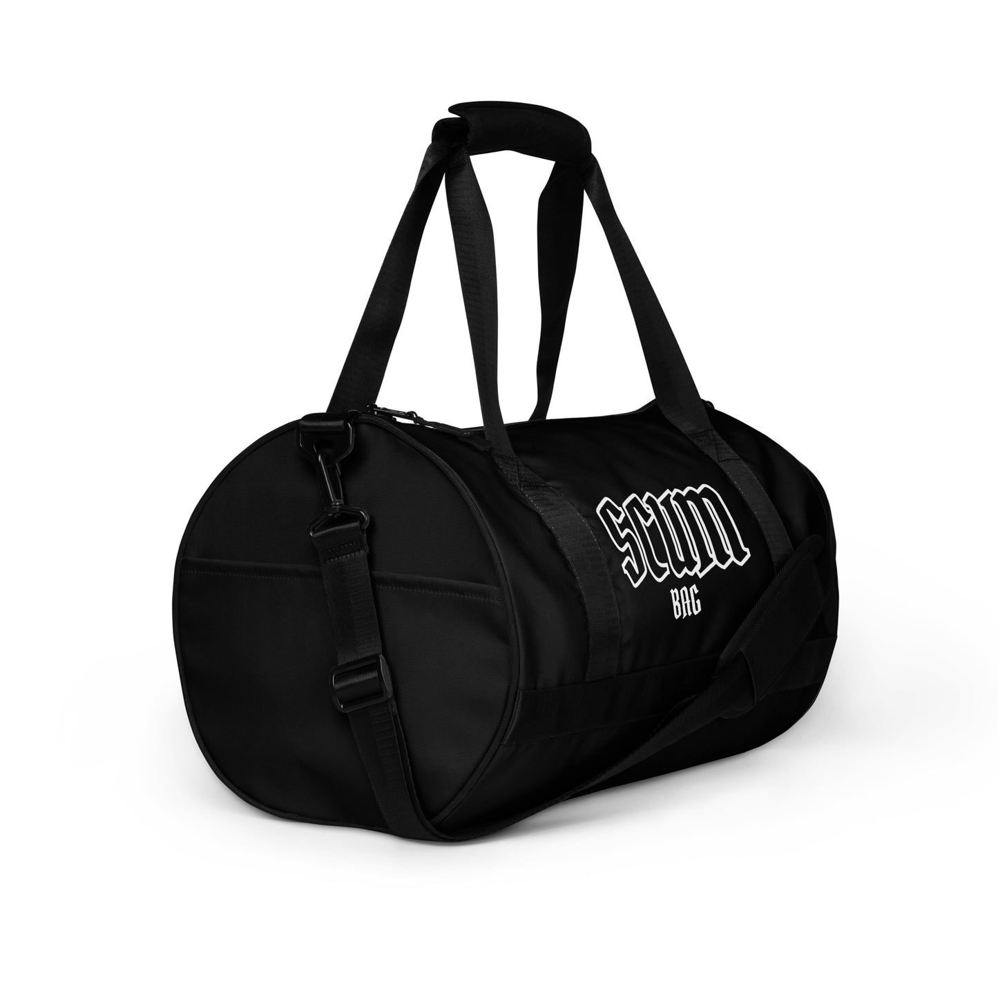 a black duffel bag with a white logo on it