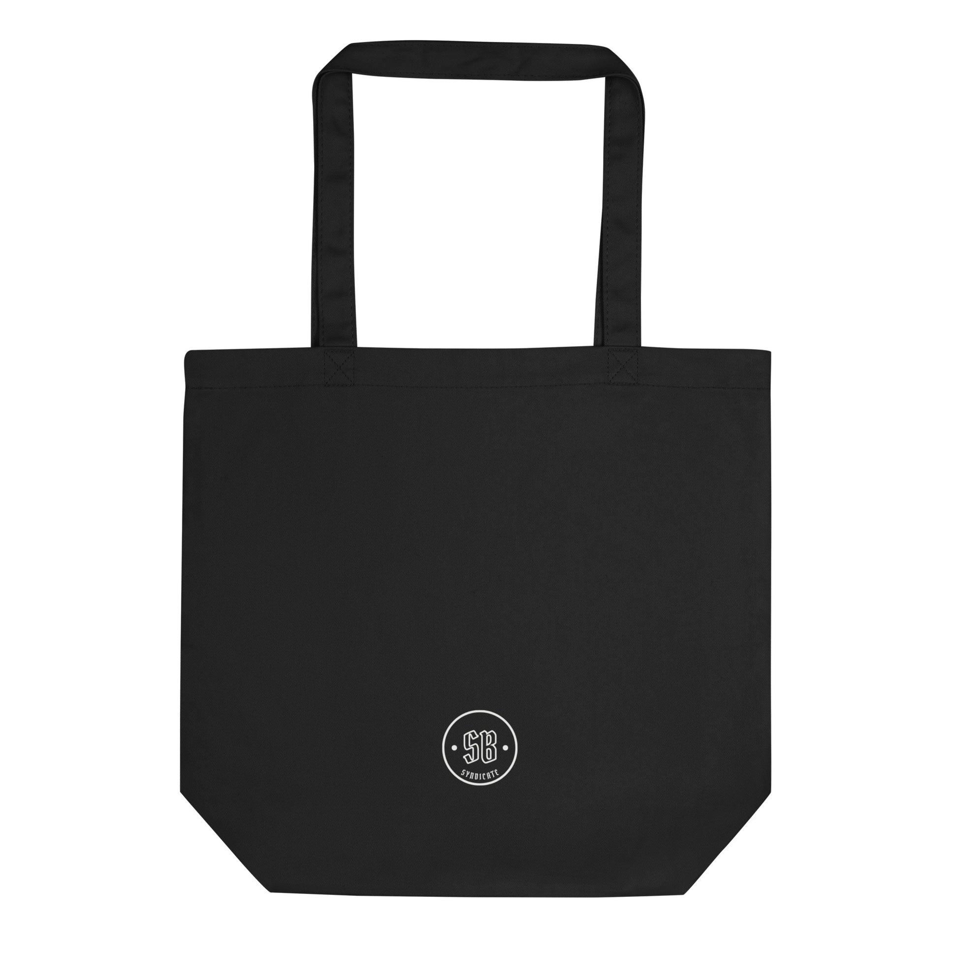 a black tote bag with a white logo