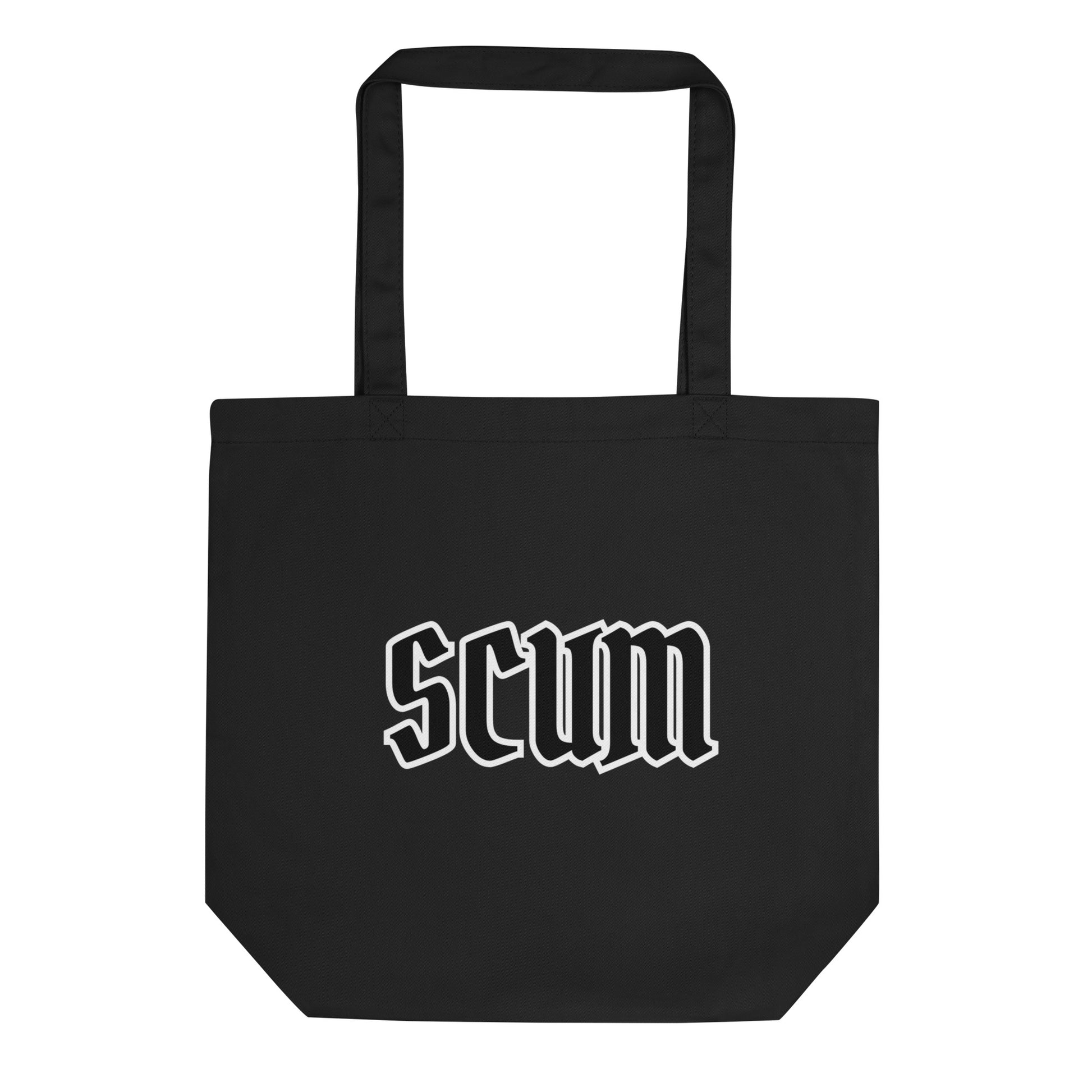 a black tote bag with the word scum printed on it