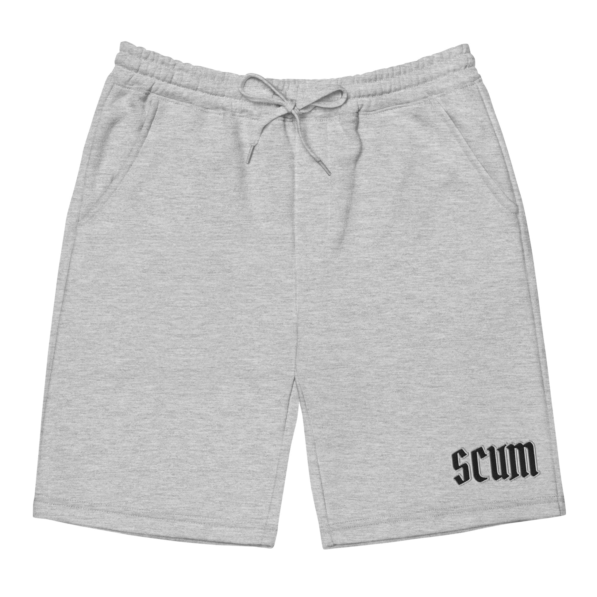 a grey shorts with the word scum printed on it