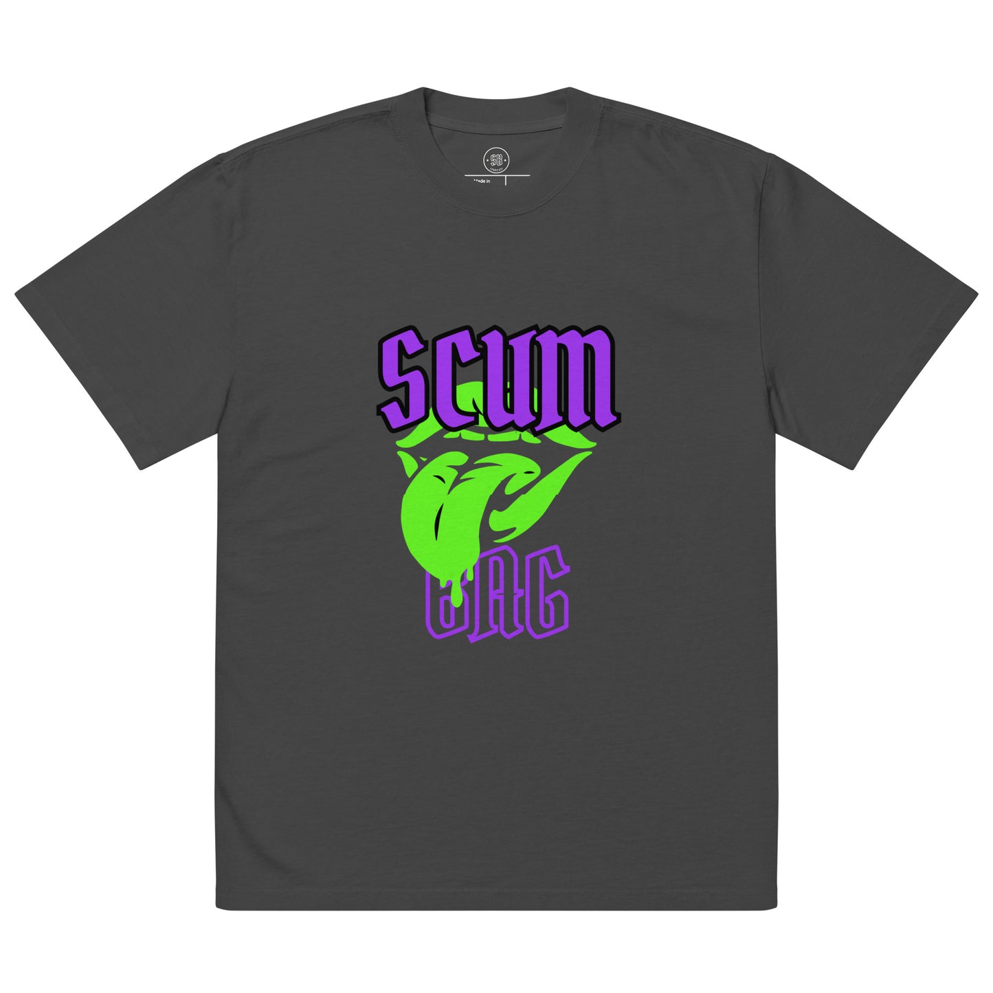 a t - shirt with a green tongue and the purple word scum on it