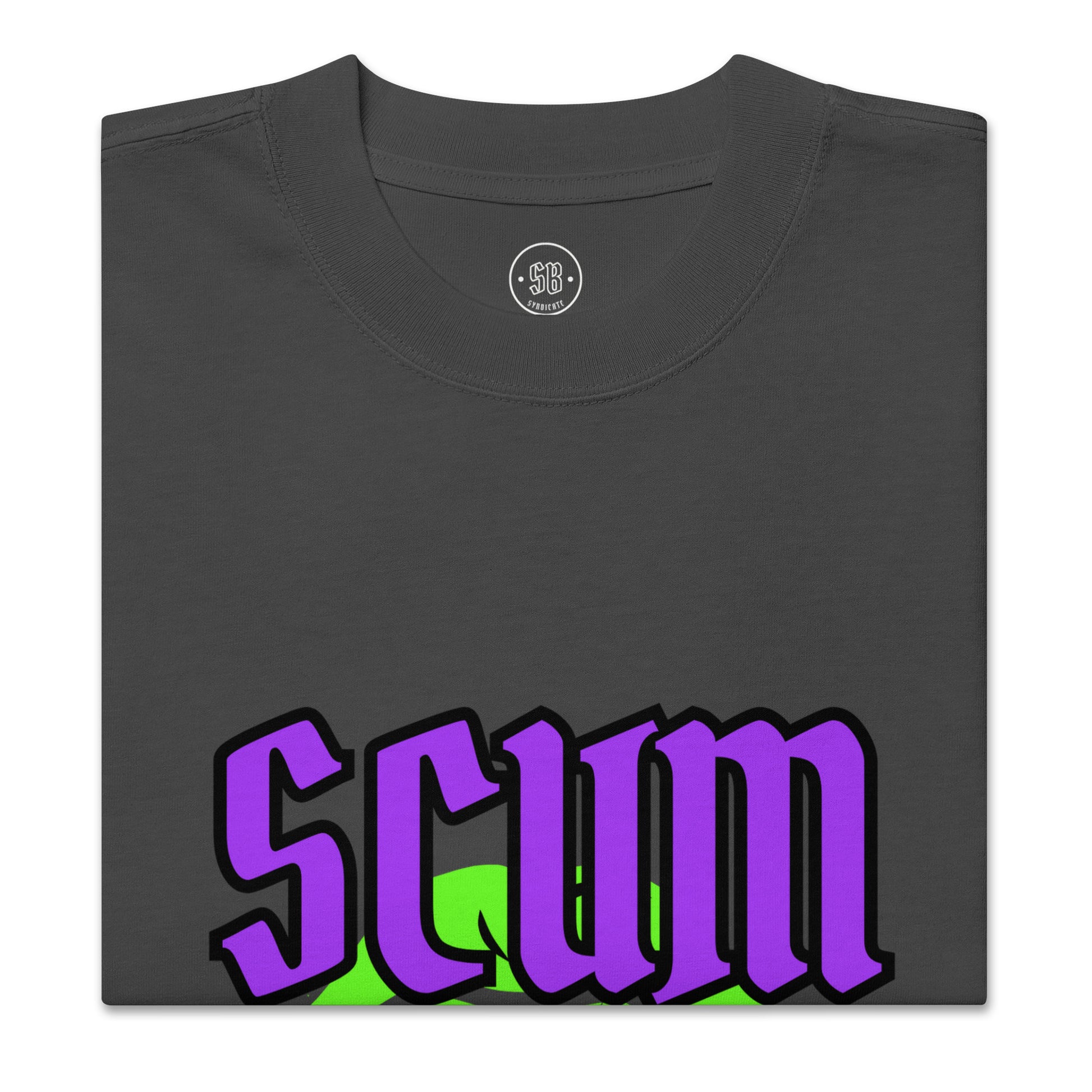 a t - shirt with the word scum on it