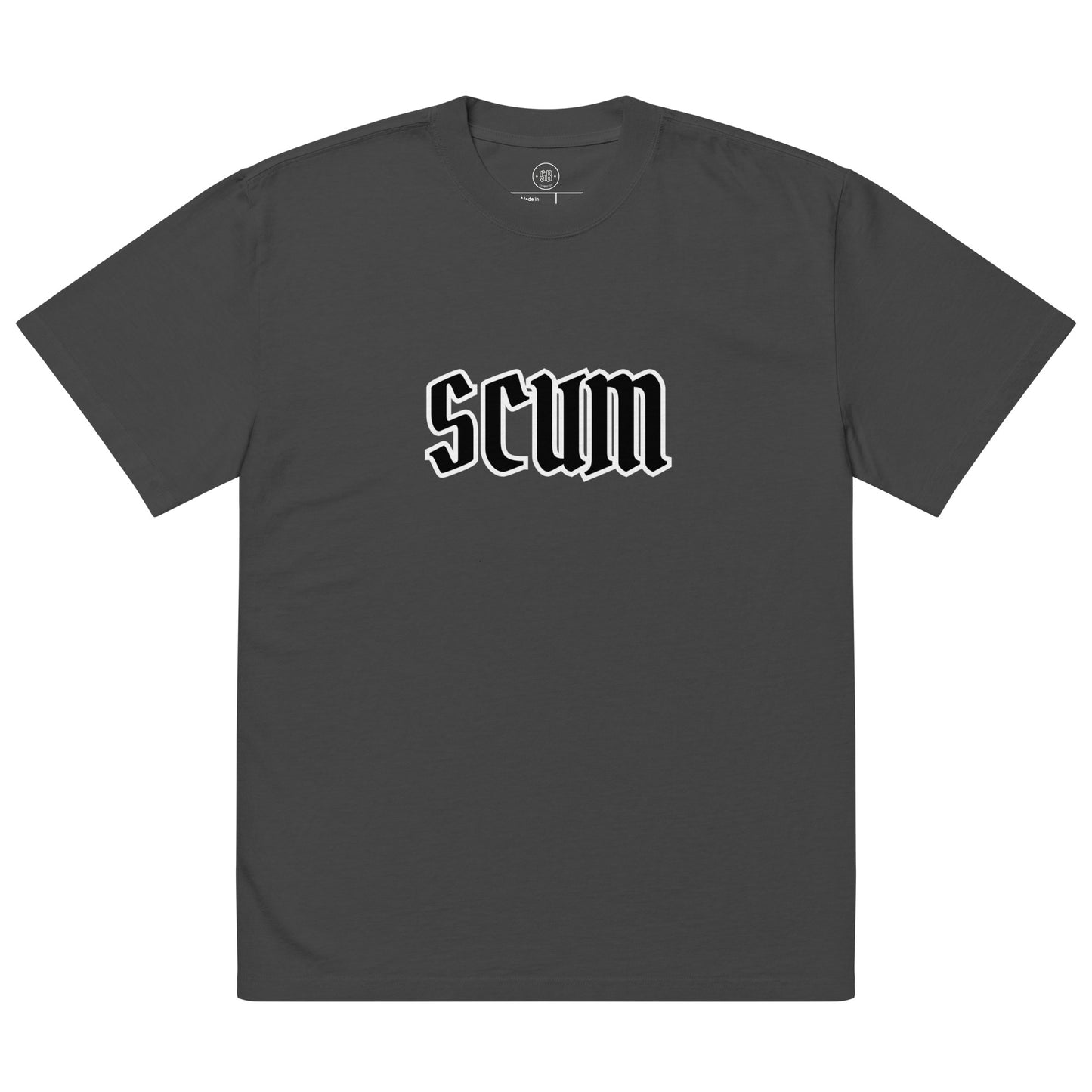 a black t - shirt with the word scum printed on it