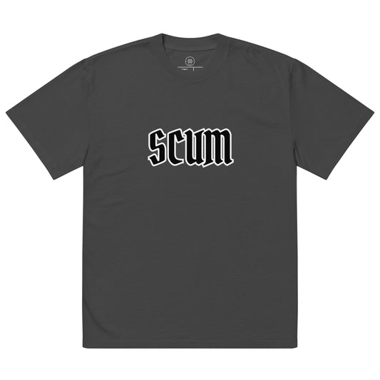 a black t - shirt with the word scum printed on it