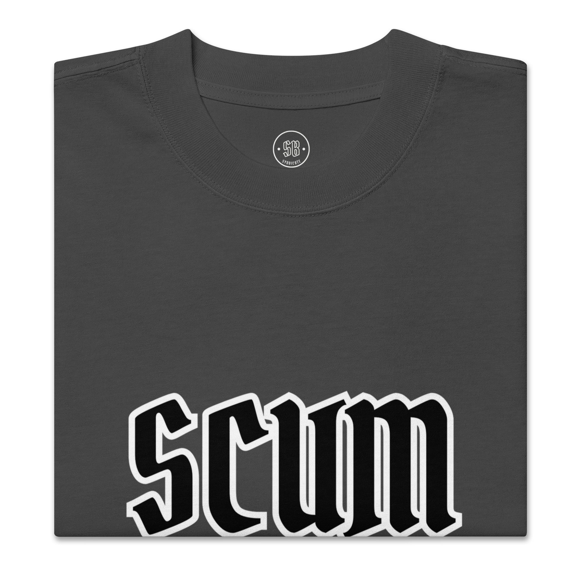 a black t - shirt with the word scum printed on it