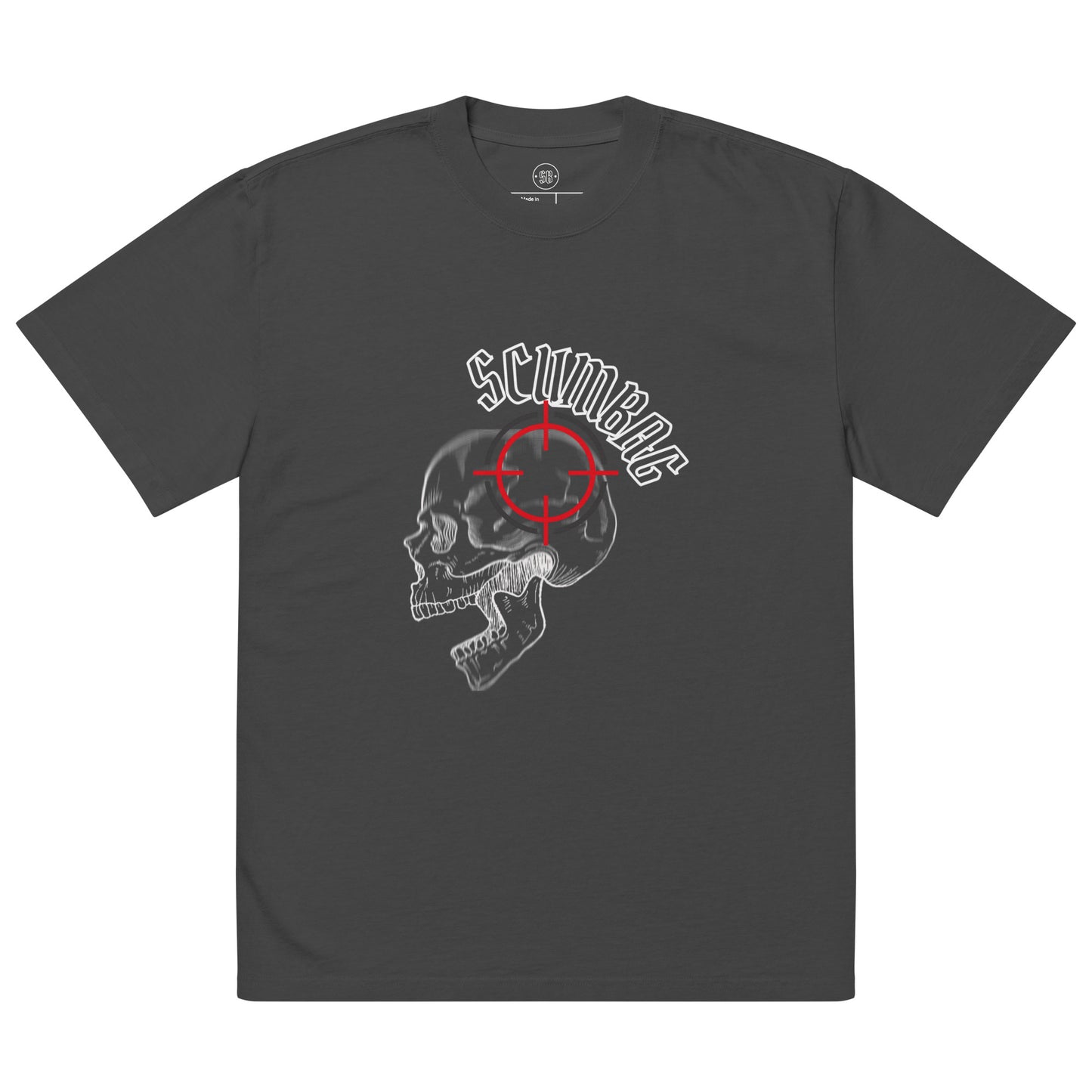 a black t - shirt with a skull and a red crosshair on it