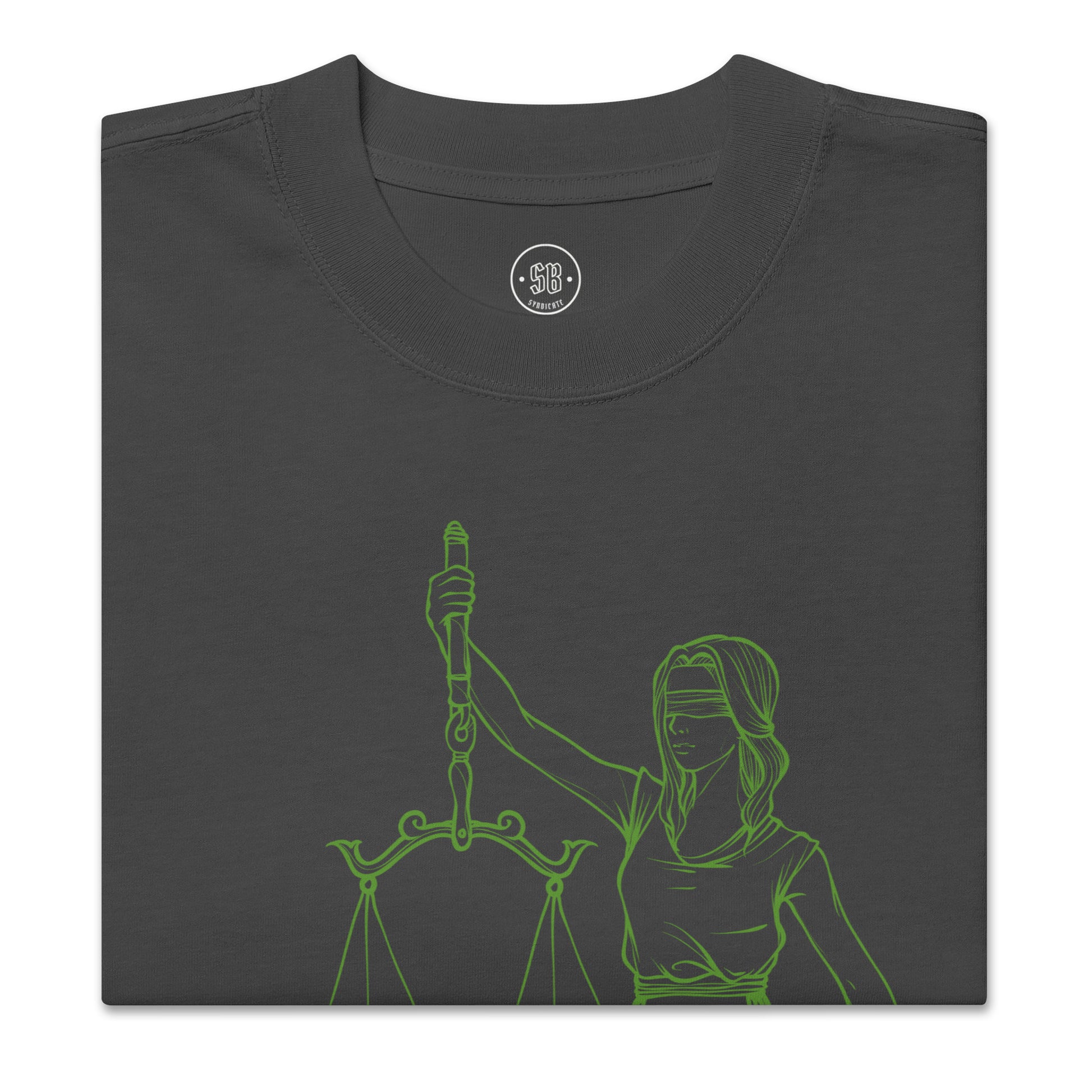 a t - shirt with a drawing of a lady justice holding a sword