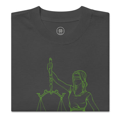 a t - shirt with a drawing of a lady justice holding a sword