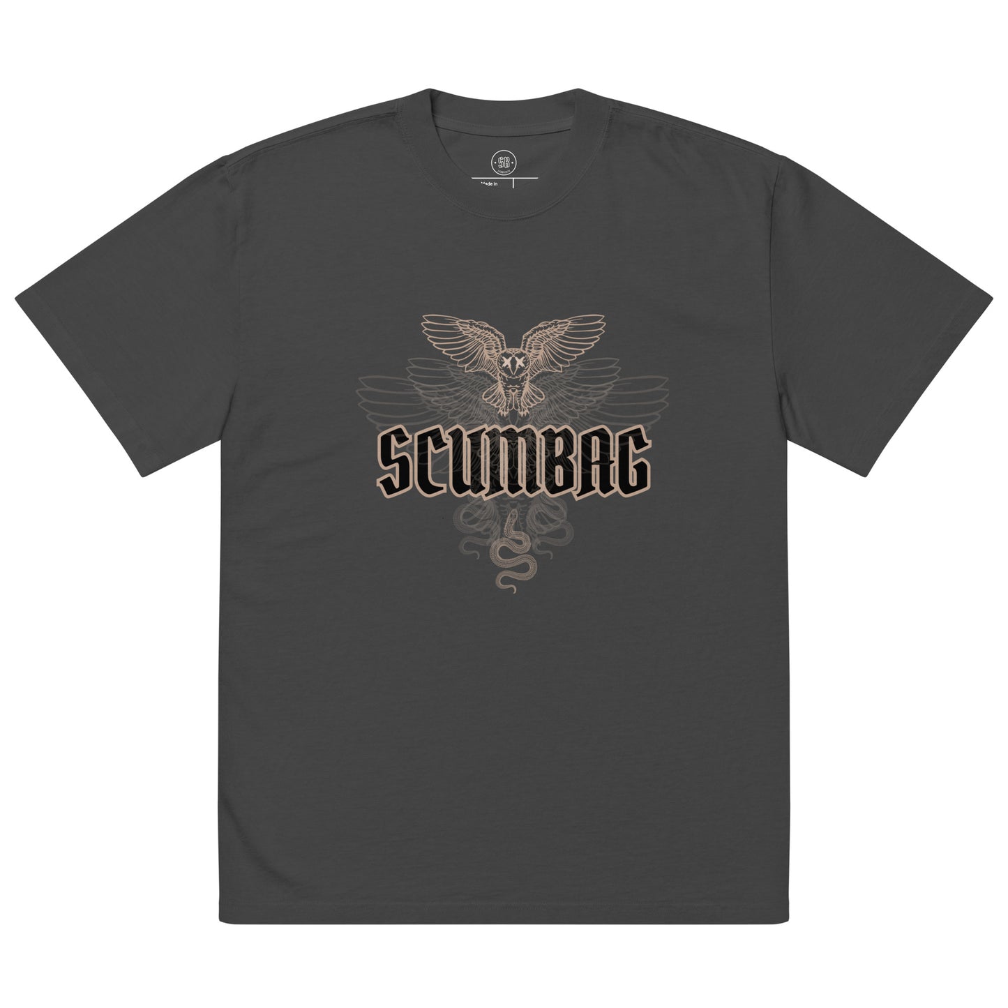 a gray t - shirt with the word scumbag on it