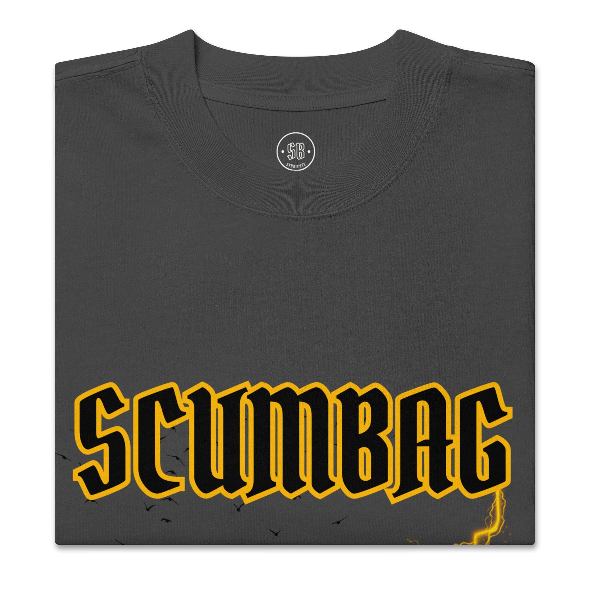 a black t - shirt with the word scumbag on it