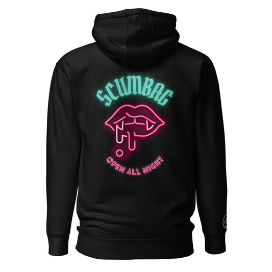 a black hoodie with pink lips and the words scumbag on it