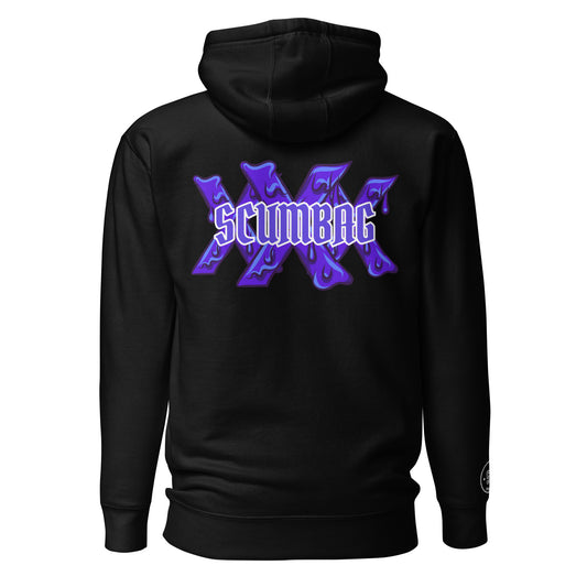 a black hoodie with purple letters on it