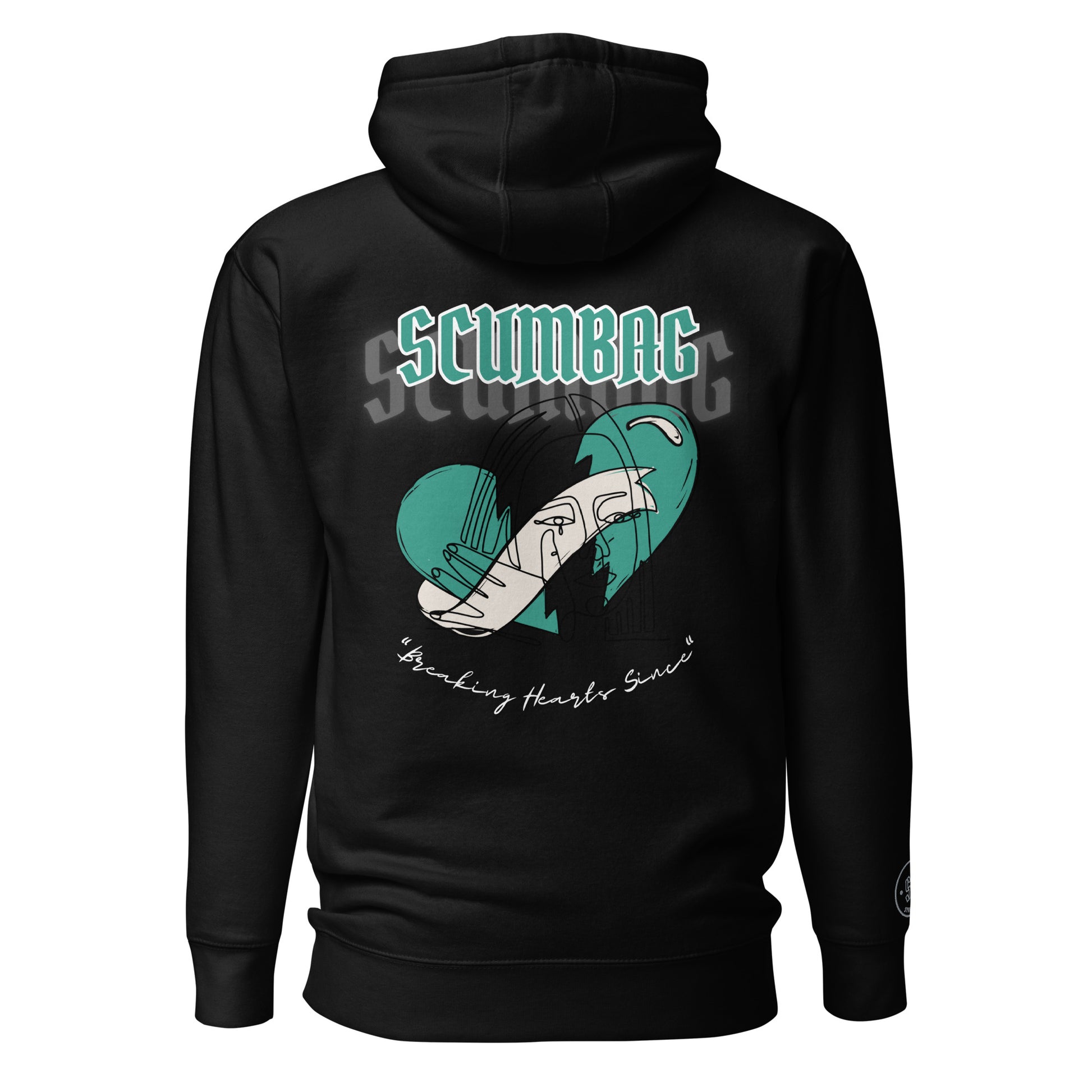 a black hoodie with a green and white heart graphic on it