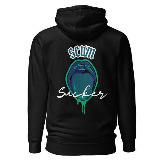 a black hoodie with the word scum sucker on it