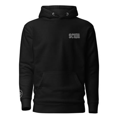 a black hoodie with the word scum printed on it