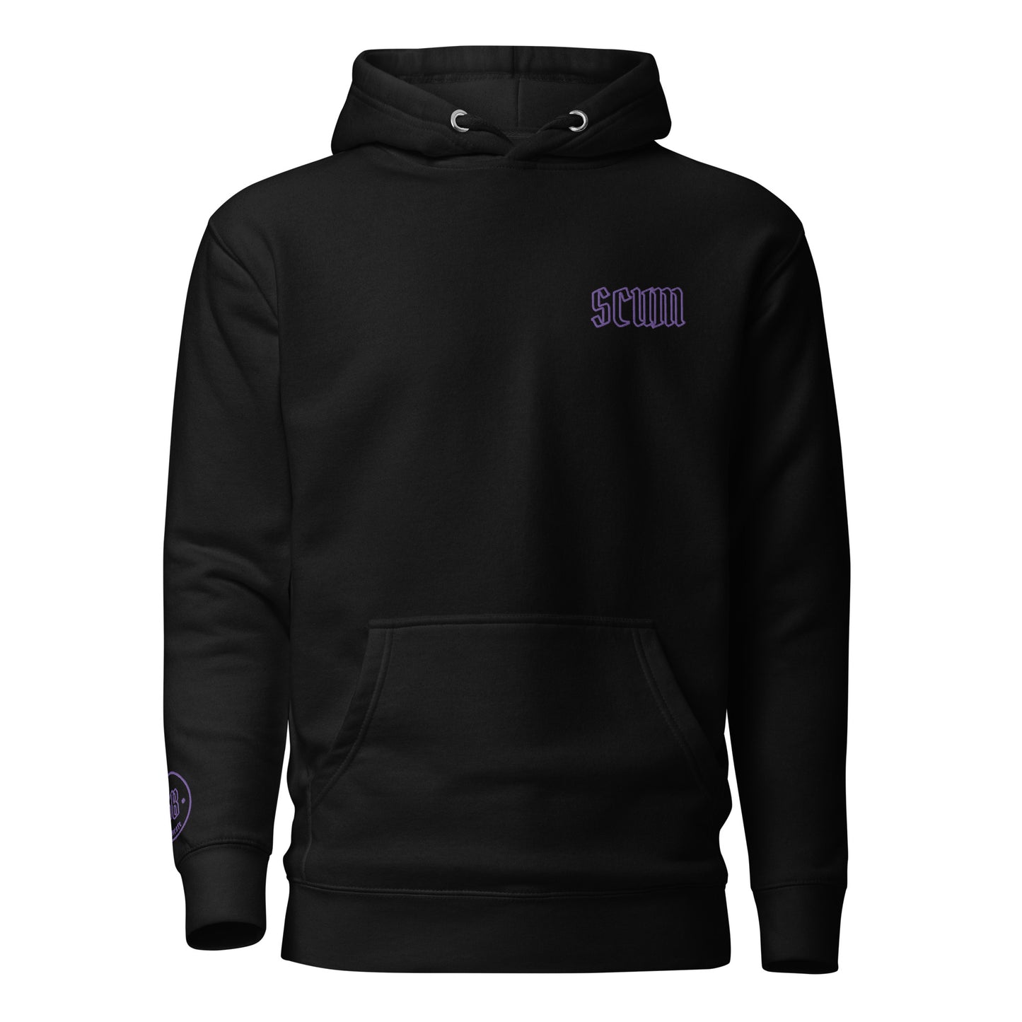 a black hoodie with a purple logo on it