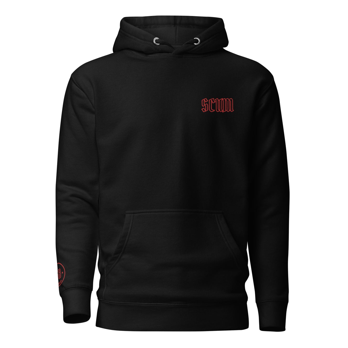 a black hoodie with the word scum on it