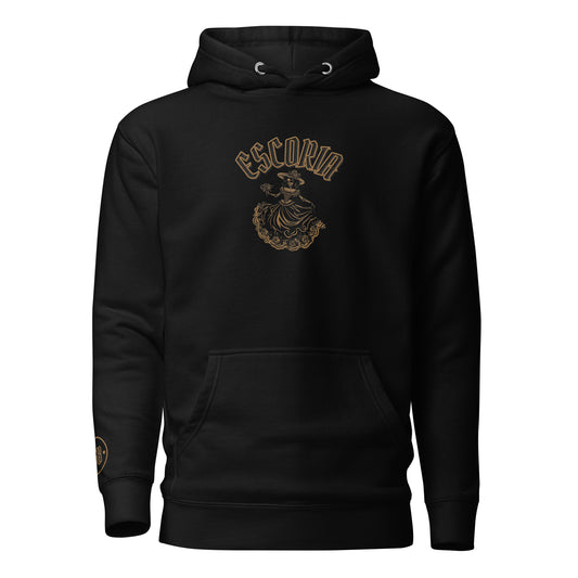 a black hoodie with a gold skeleton on it