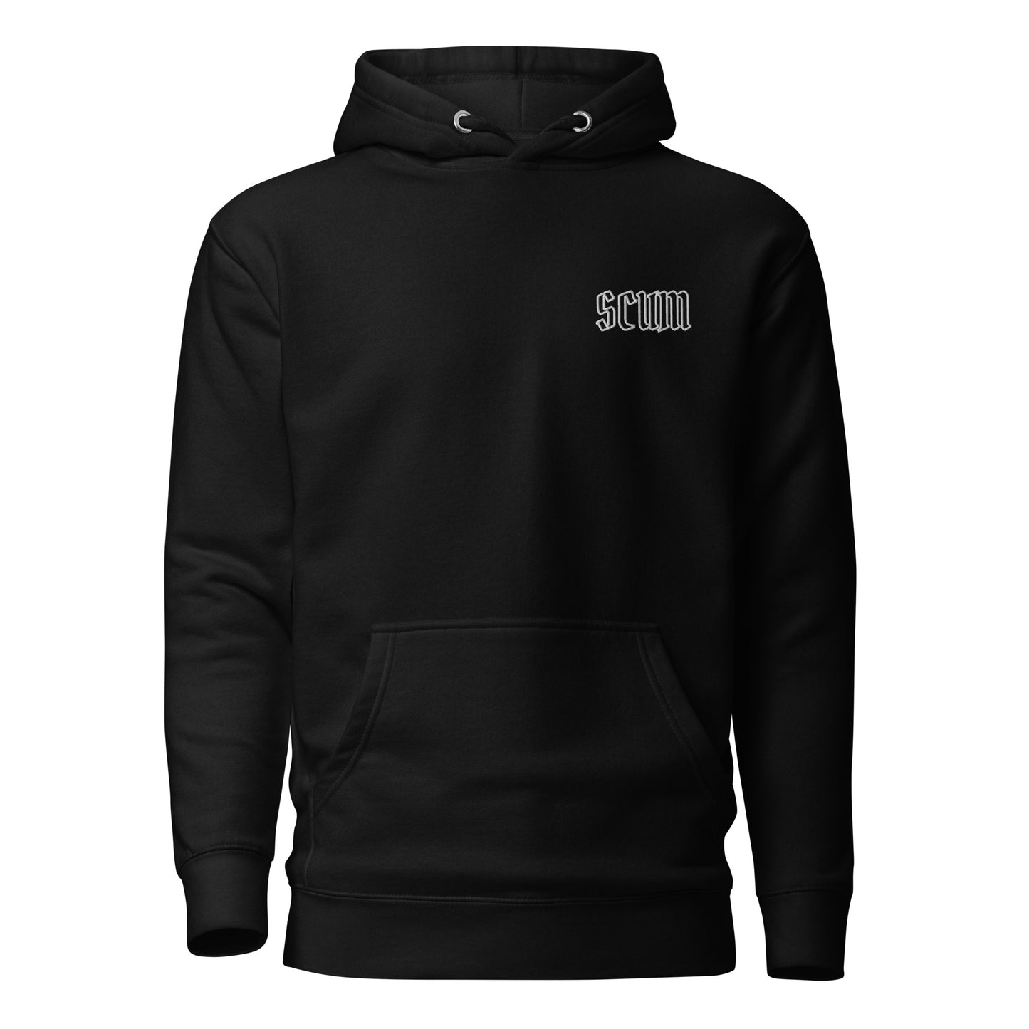 a black hoodie with the word scum printed on it