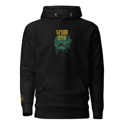 a black hoodie green skull with the words scum on it