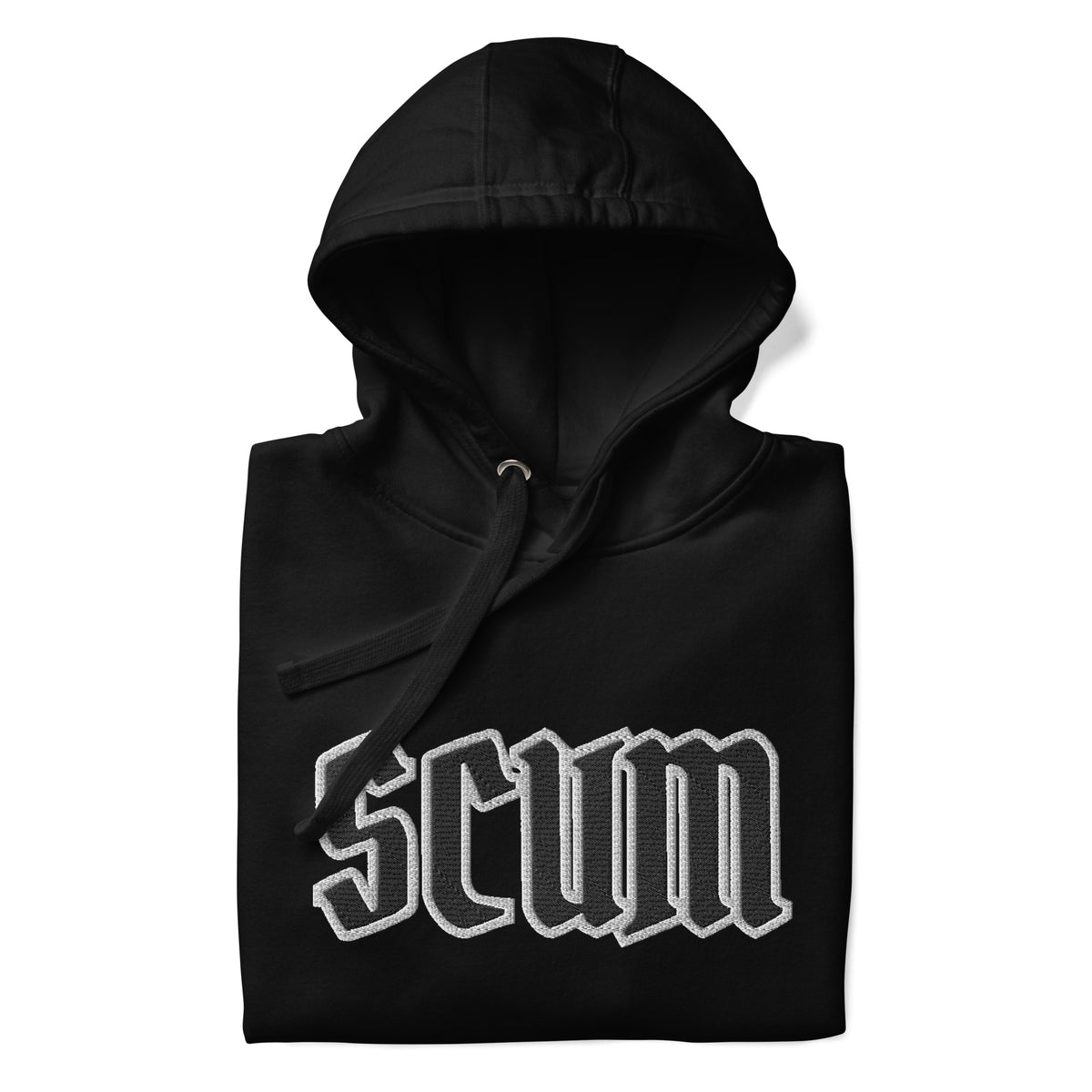 SCUM Hoodie - black streetwear pullover hoodie with bold graphic print, front view