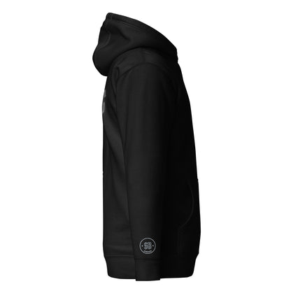 a black hoodie with a white logo on it