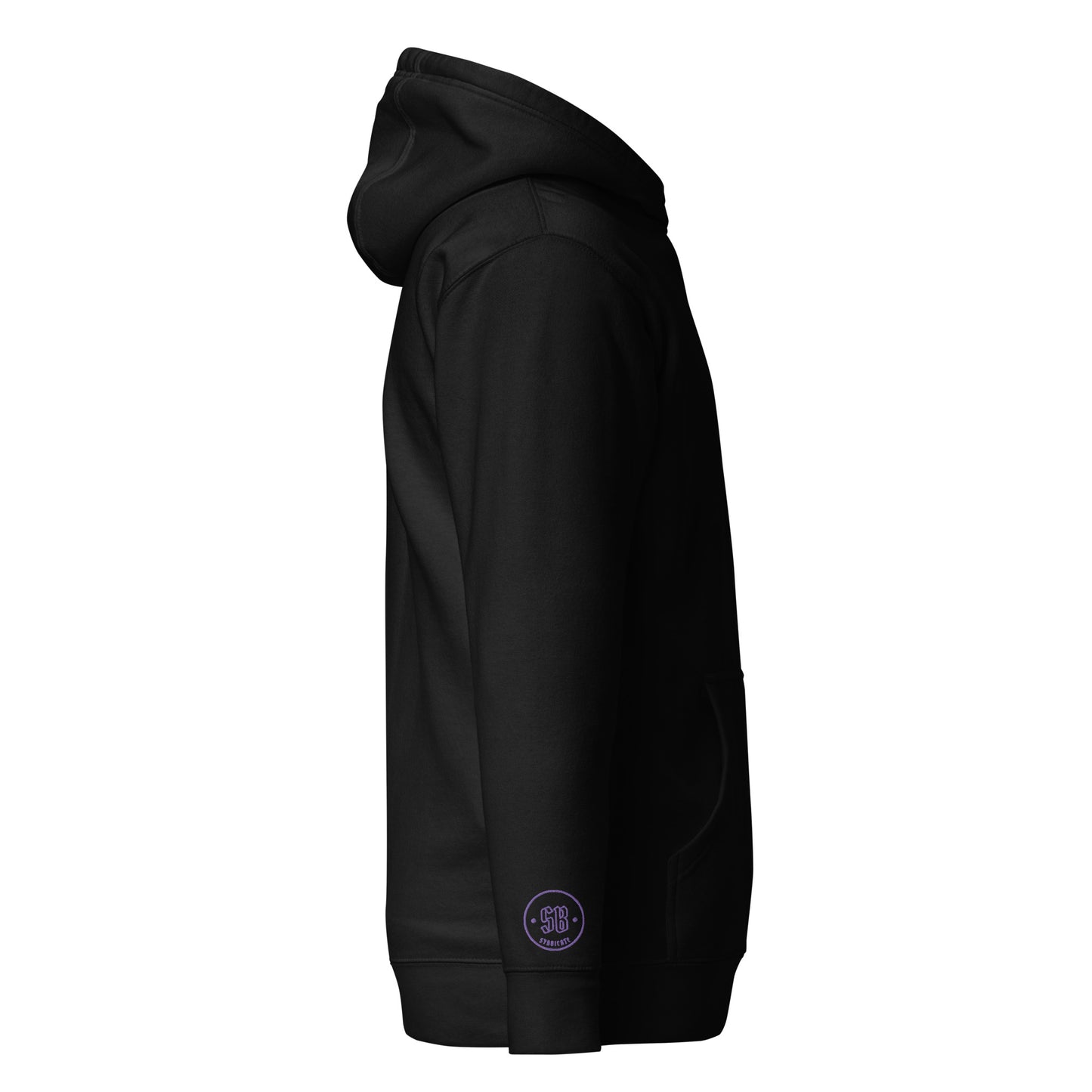 a black hoodie with a purple logo on it