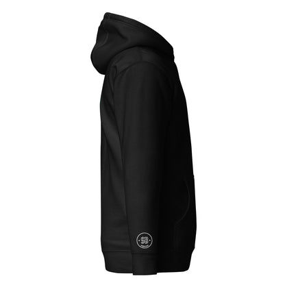 a black hoodie with a white logo on it