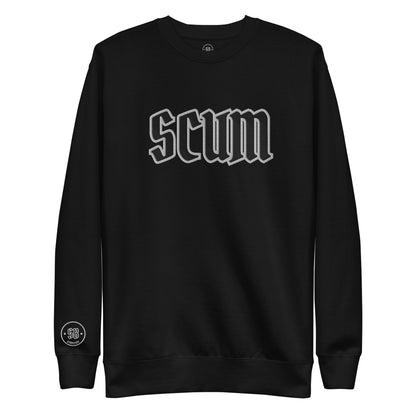 a black sweatshirt with the word scum printed on it