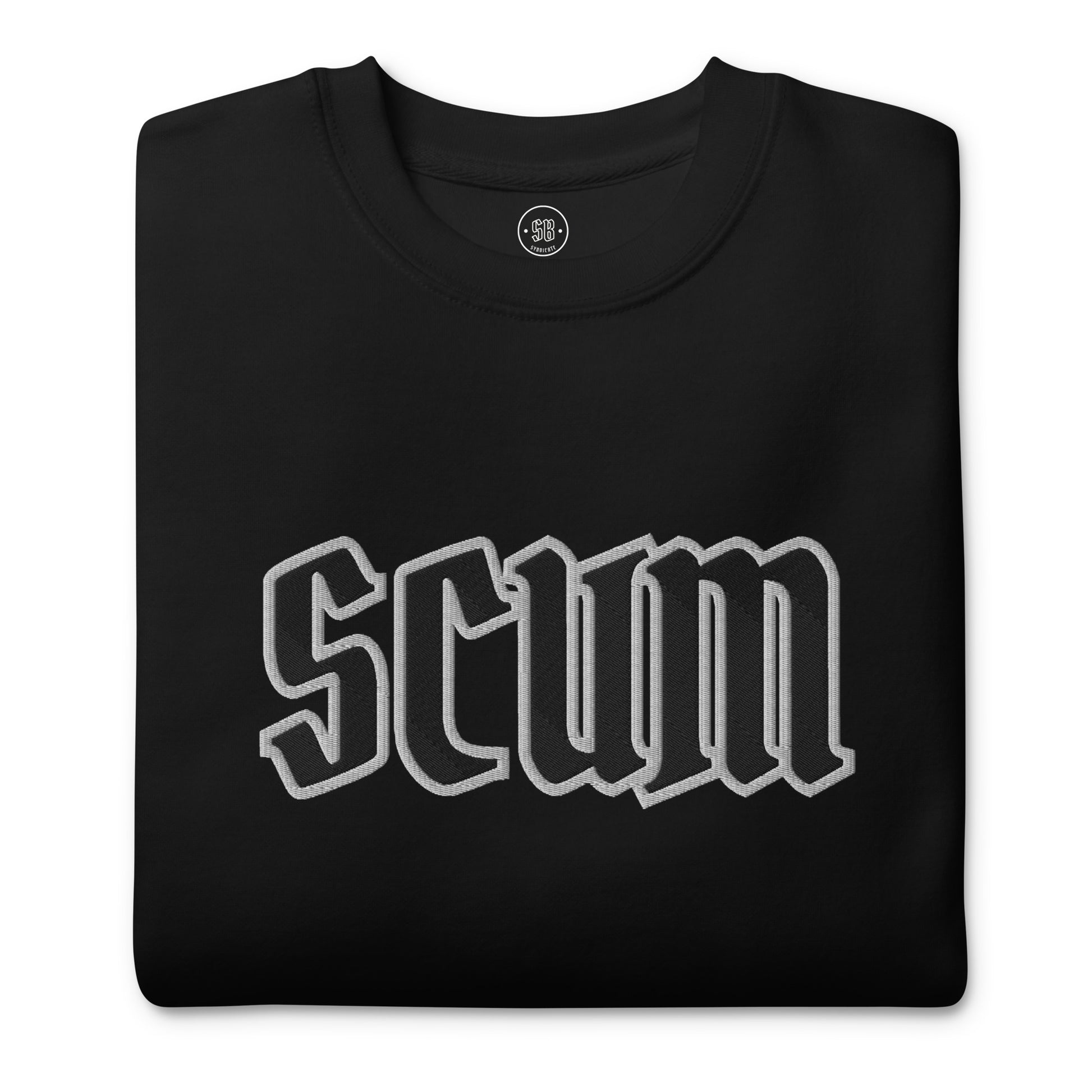 a black shirt with the word scum printed on it