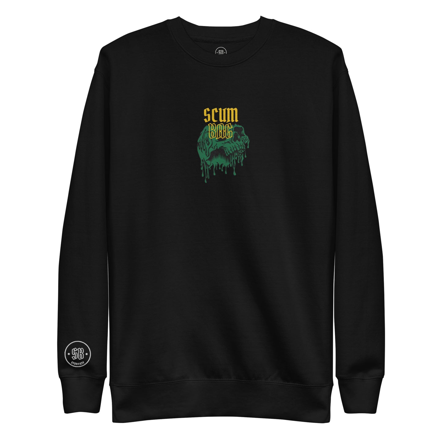 a black sweatshirt with a green and yellow design on it