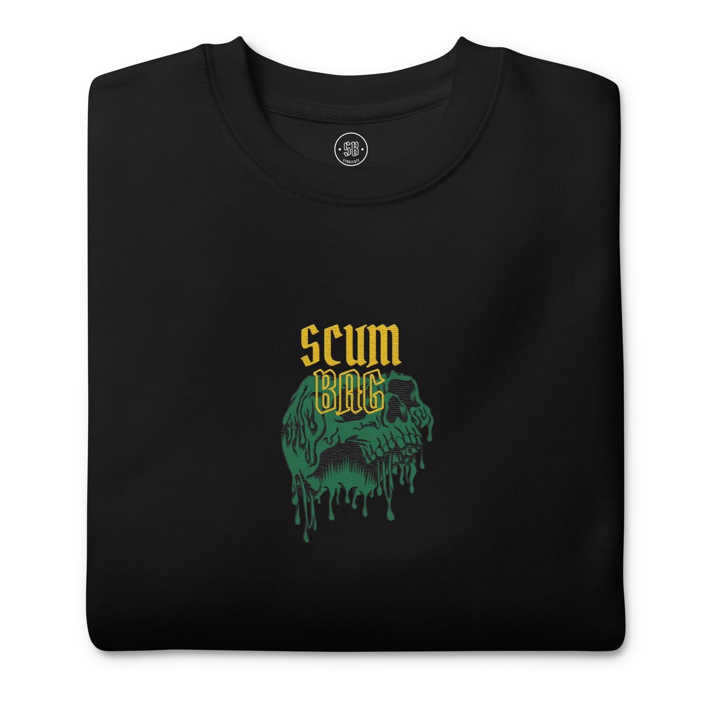 a black t - shirt with the word scum on it