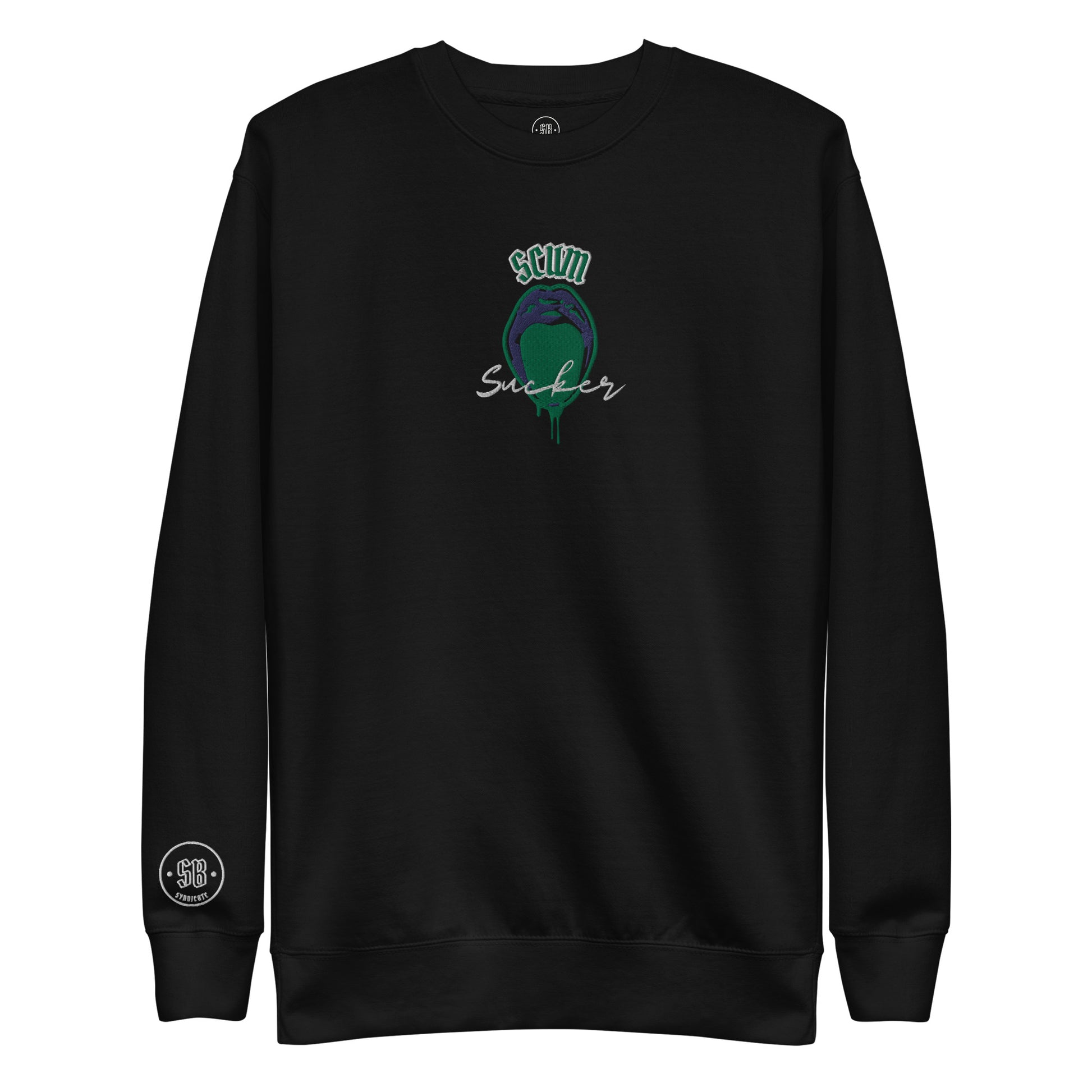 a black sweatshirt with a green MOUTH on it