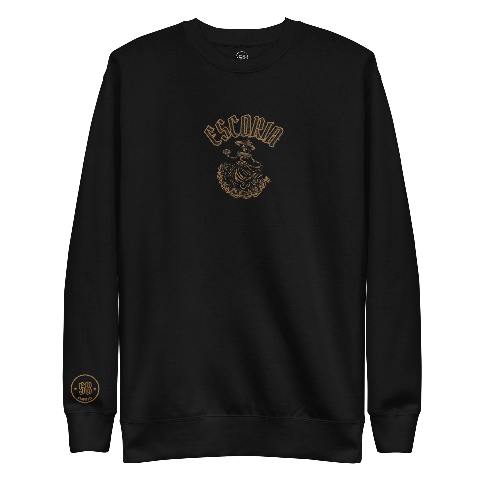 a black crew neck sweatshirt with a gold logo