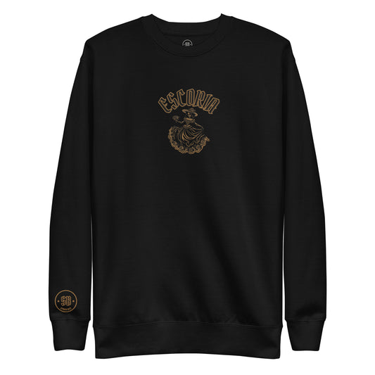 a black crew neck sweatshirt with a gold logo