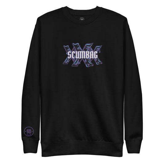 a black sweatshirt with the purple word XXX printed on it