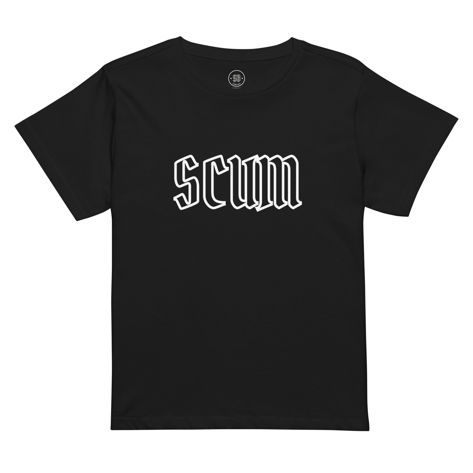 a black t - shirt with the word scum printed on it