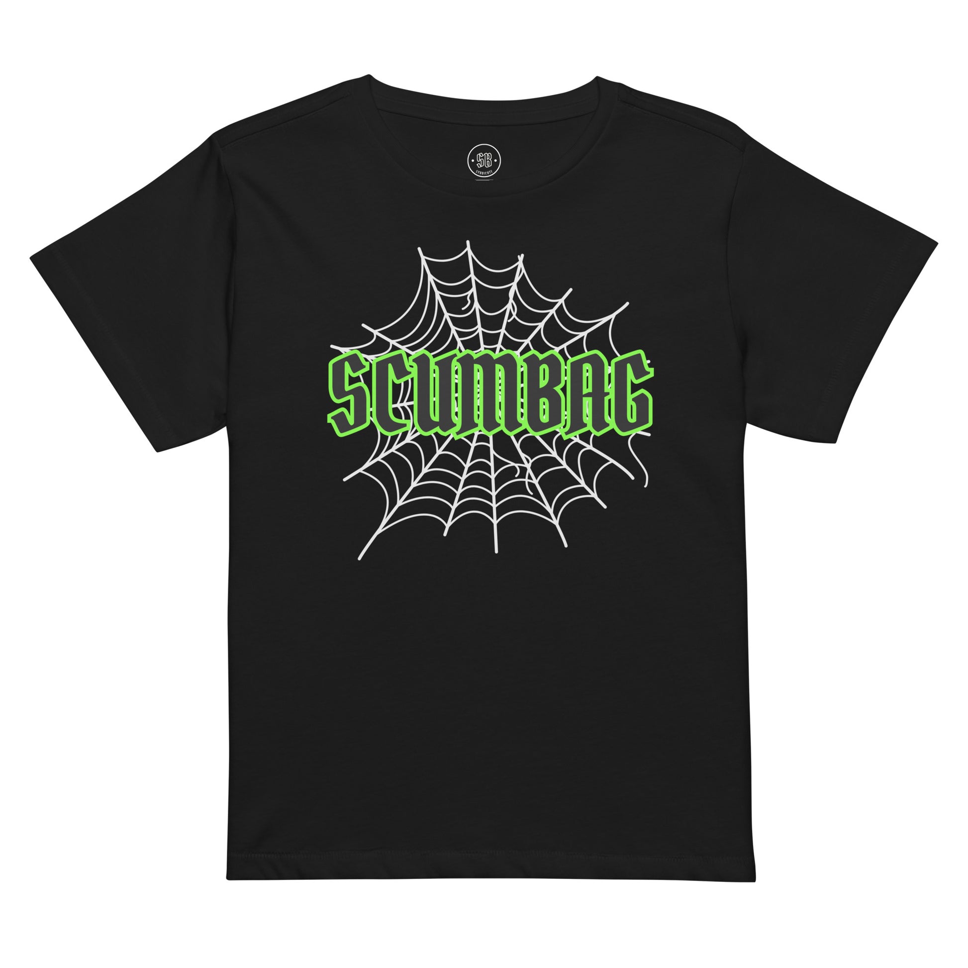 a black t - shirt with a green spider web on it