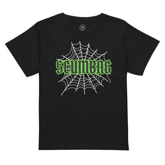 a black t - shirt with a green spider web on it