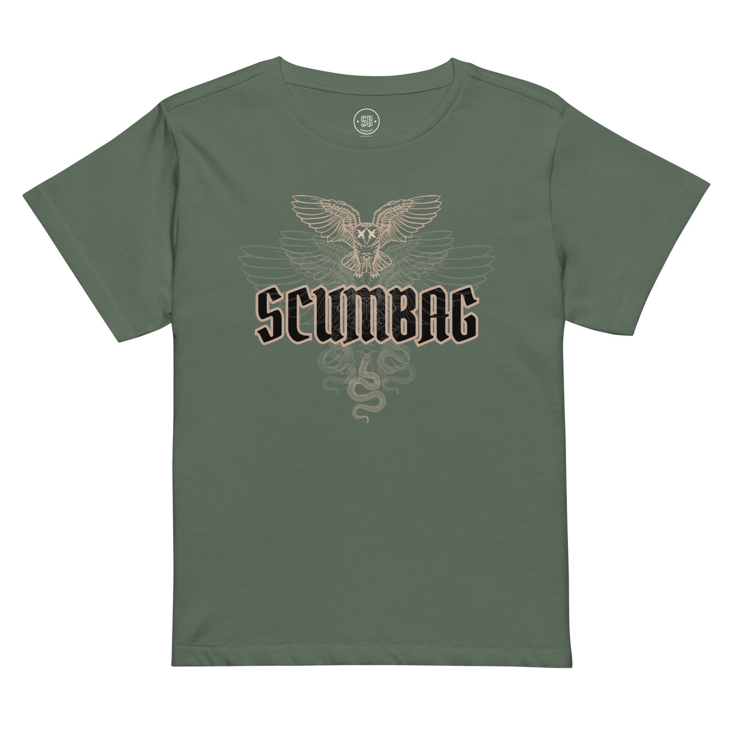 a green t - shirt with the word scumbag printed on it