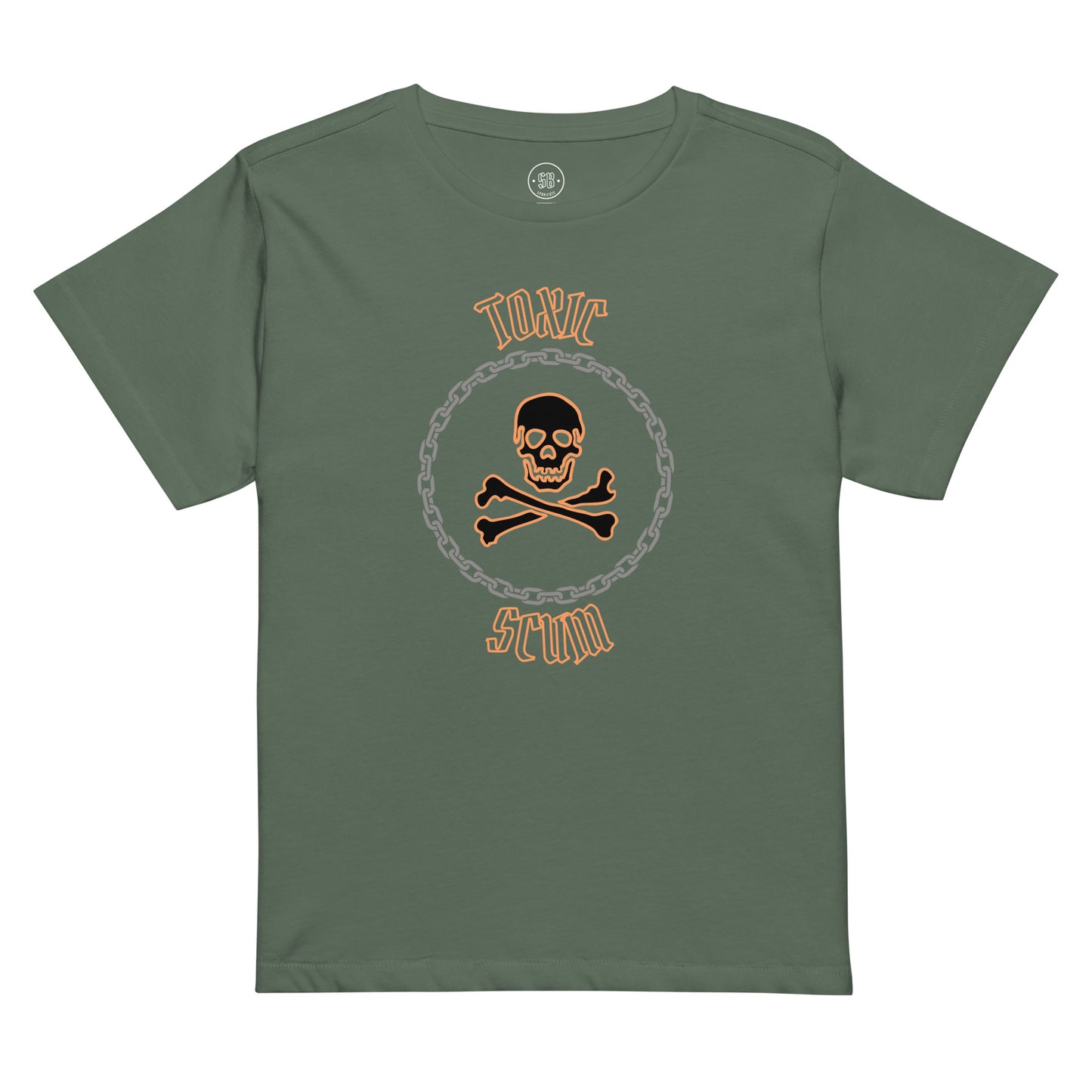 a green t - shirt with a skull and crossbones on it